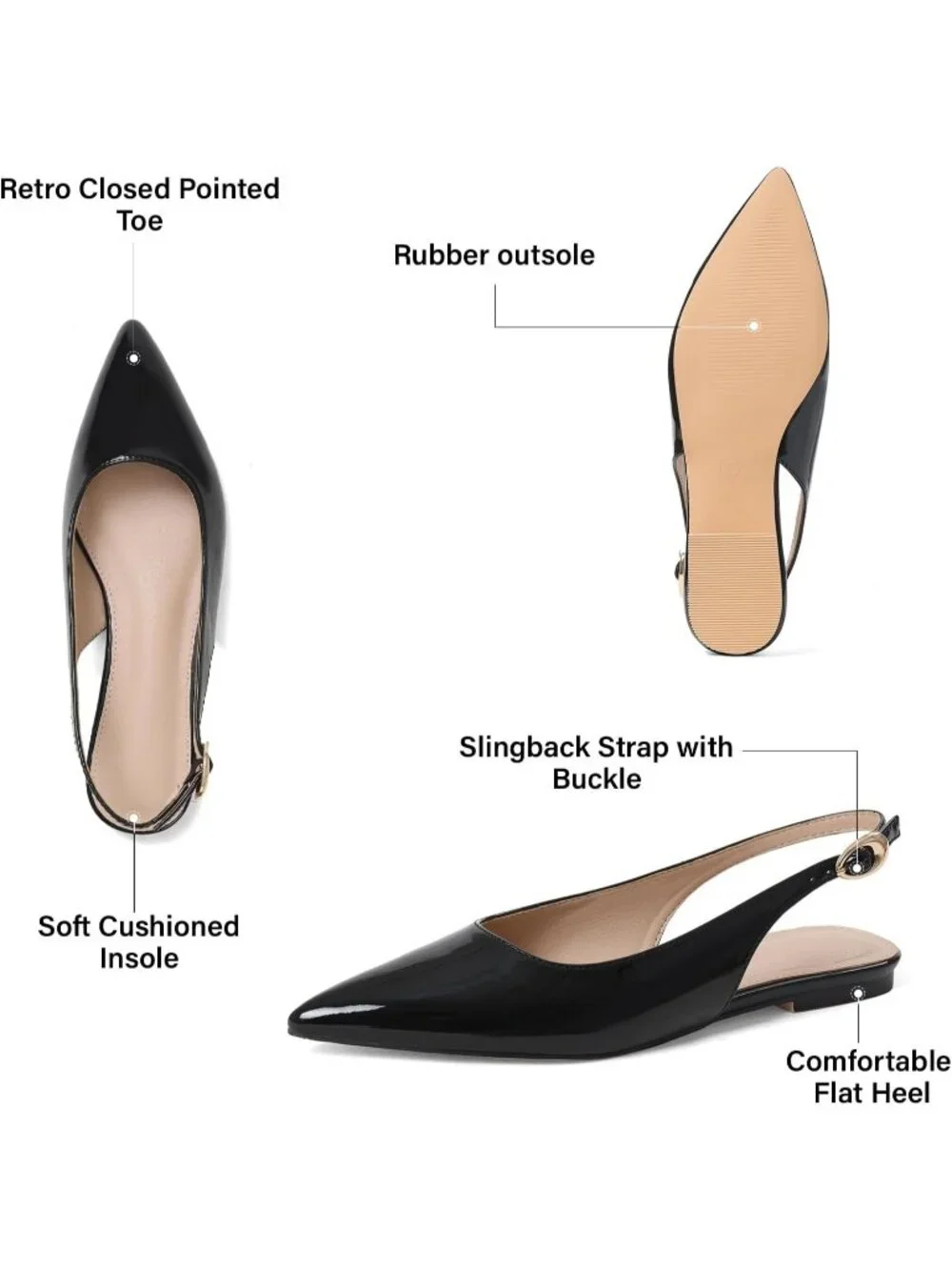 Women's Black Leather Closed Pointed Toe Ballet Flats Adjustable Buckle Shoes